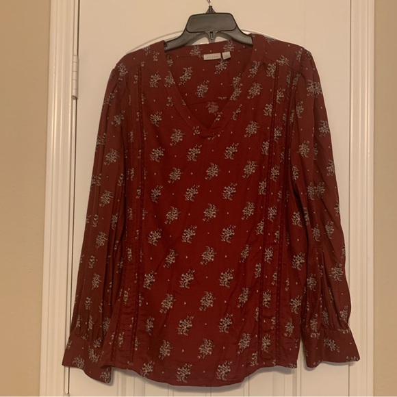 Hinge x Nordstrom Lace Stripe V-Neck Long Sleeve Burgundy Floral Blouse Size: XL - Picture 2 of 8